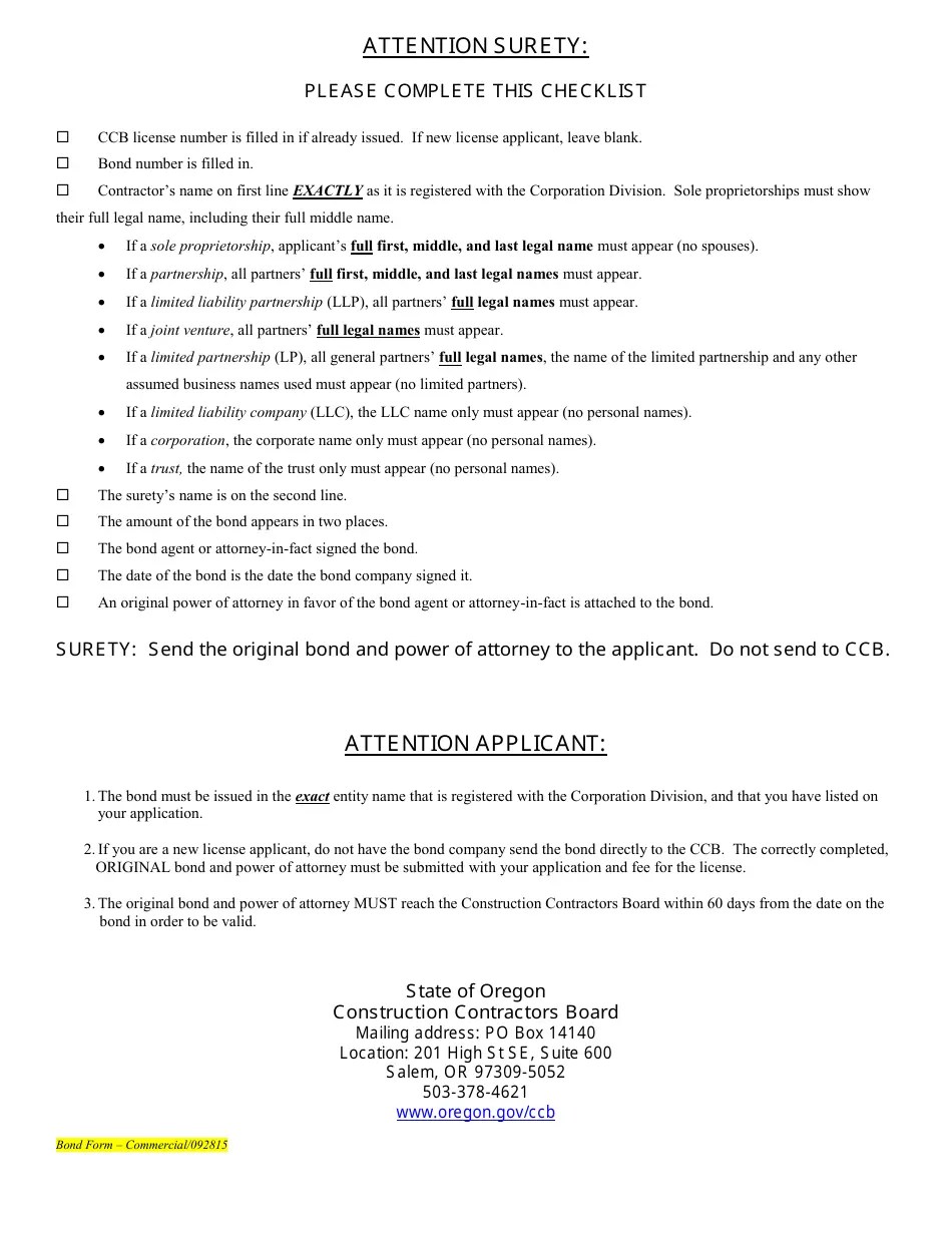 Oregon Commercial Surety Bond Fill Out, Sign Online and Download PDF