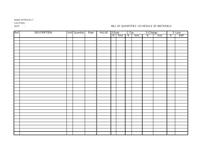 Bill of Quantities / Schedule of Materials Template Download Fillable