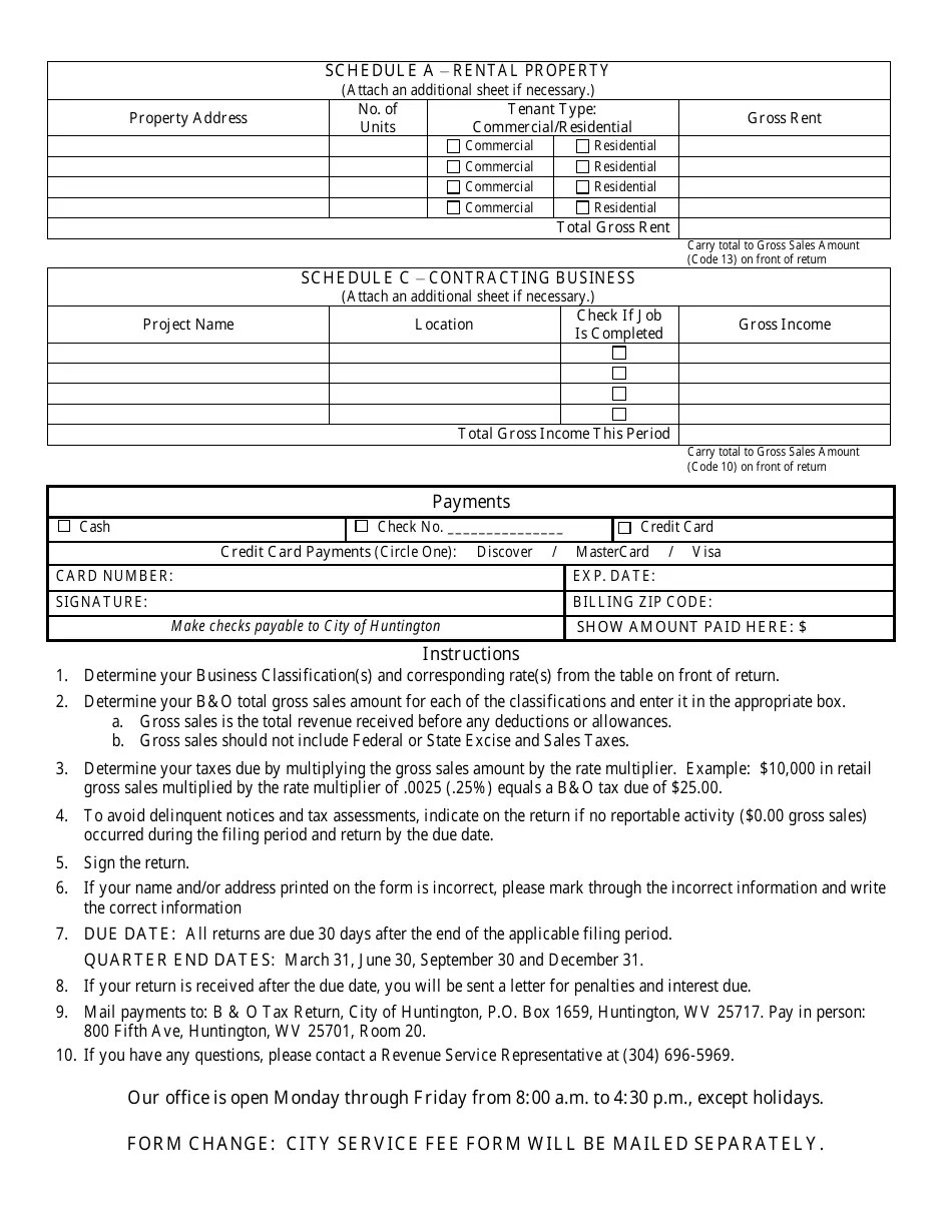 City of Huntington, West Virginia Business and Occupation Tax Return