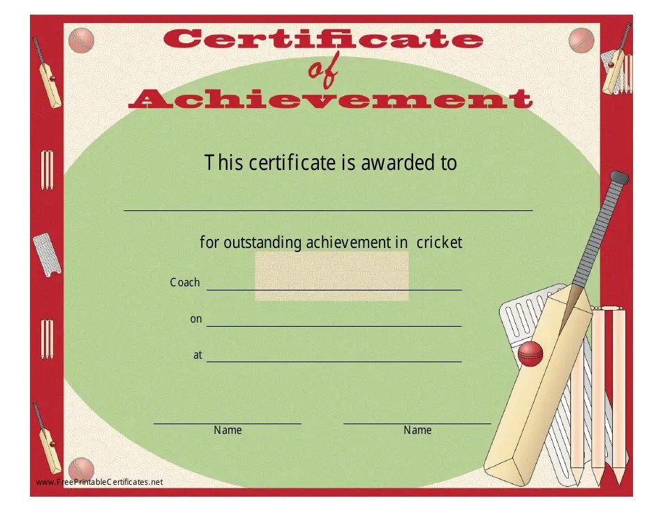 Cricket Certificate of Achievement Template Download Printable PDF