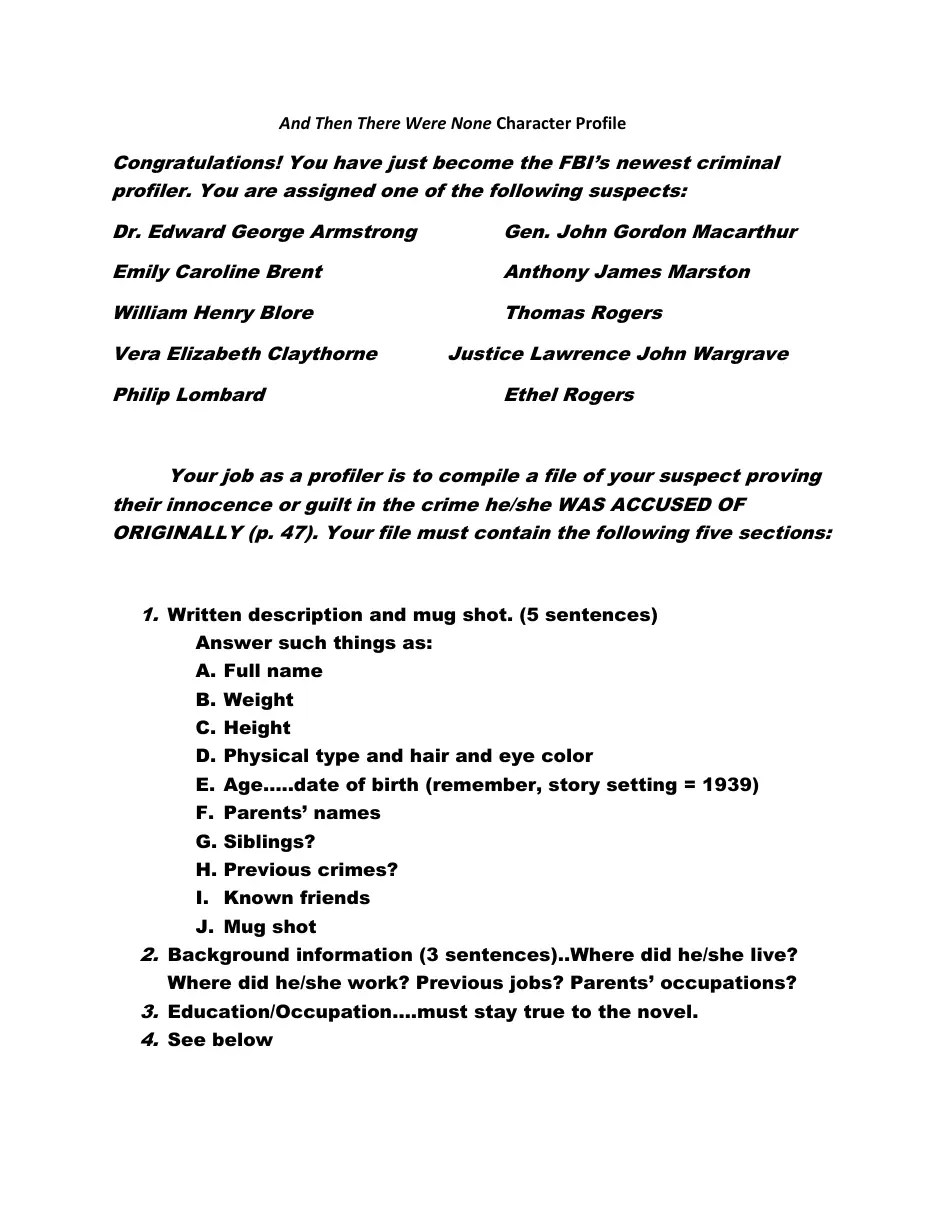 And Then There Were None Character Profile Worksheet Download Printable PDF Templateroller