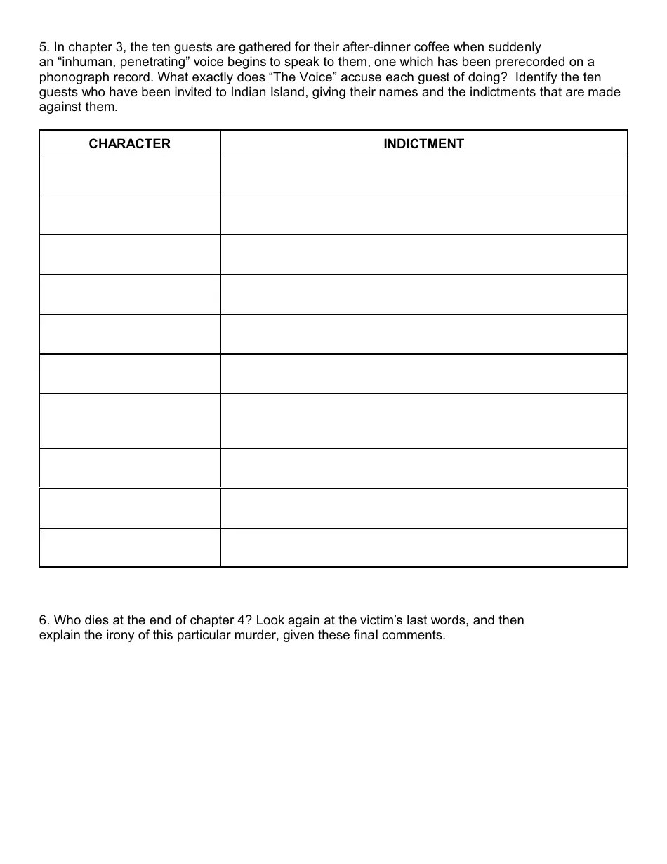 And Then There Were None Literature Worksheet Download Printable PDF Templateroller