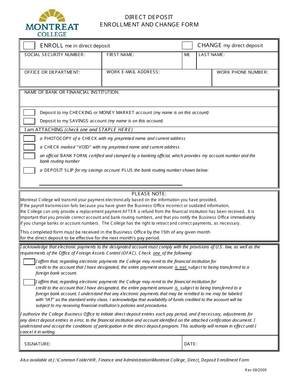 North Carolina Direct Deposit Enrollment and Change Form Montreat