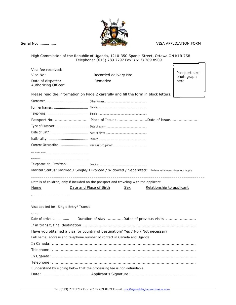 City of Ottawa, Ontario Canada Uganda Visa Application Form High
