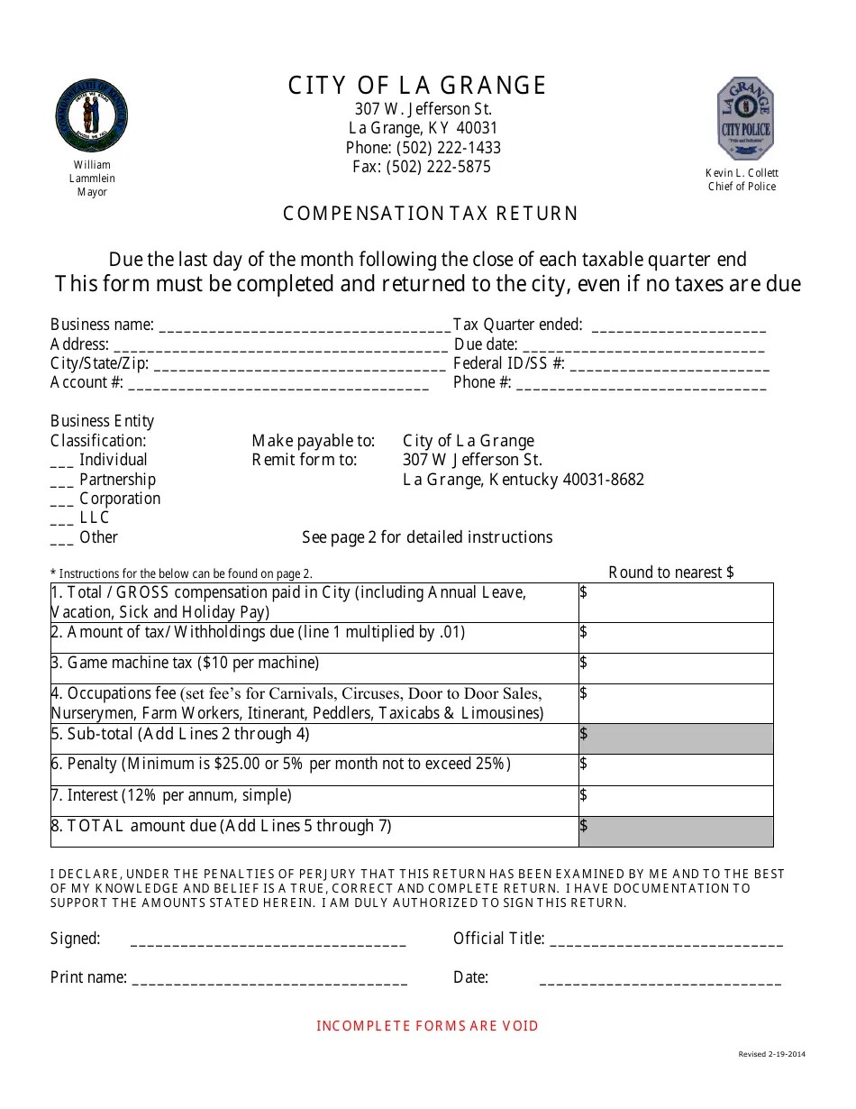 City of La Grange, Kentucky Compensation Tax Return Fill Out, Sign