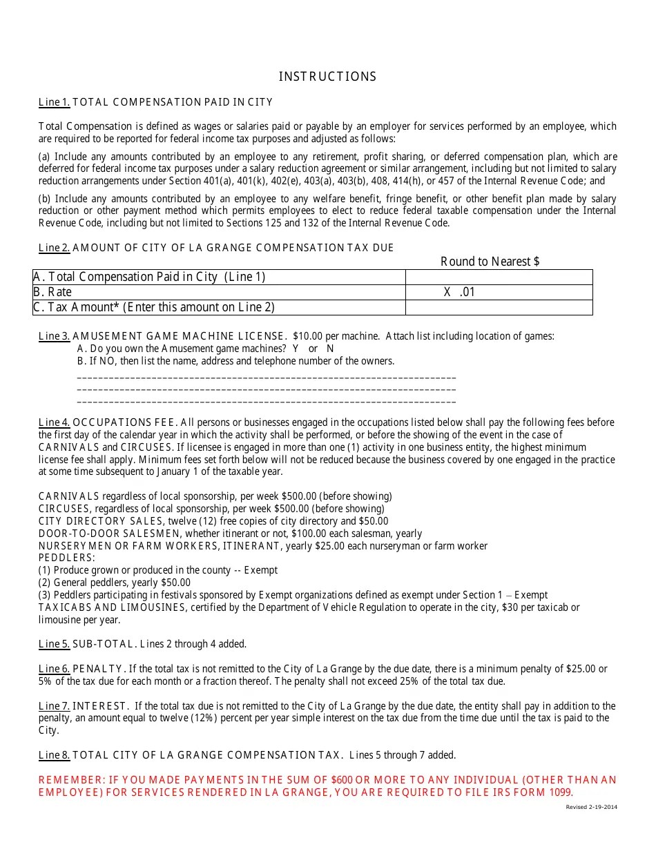 City of La Grange, Kentucky Compensation Tax Return Fill Out, Sign