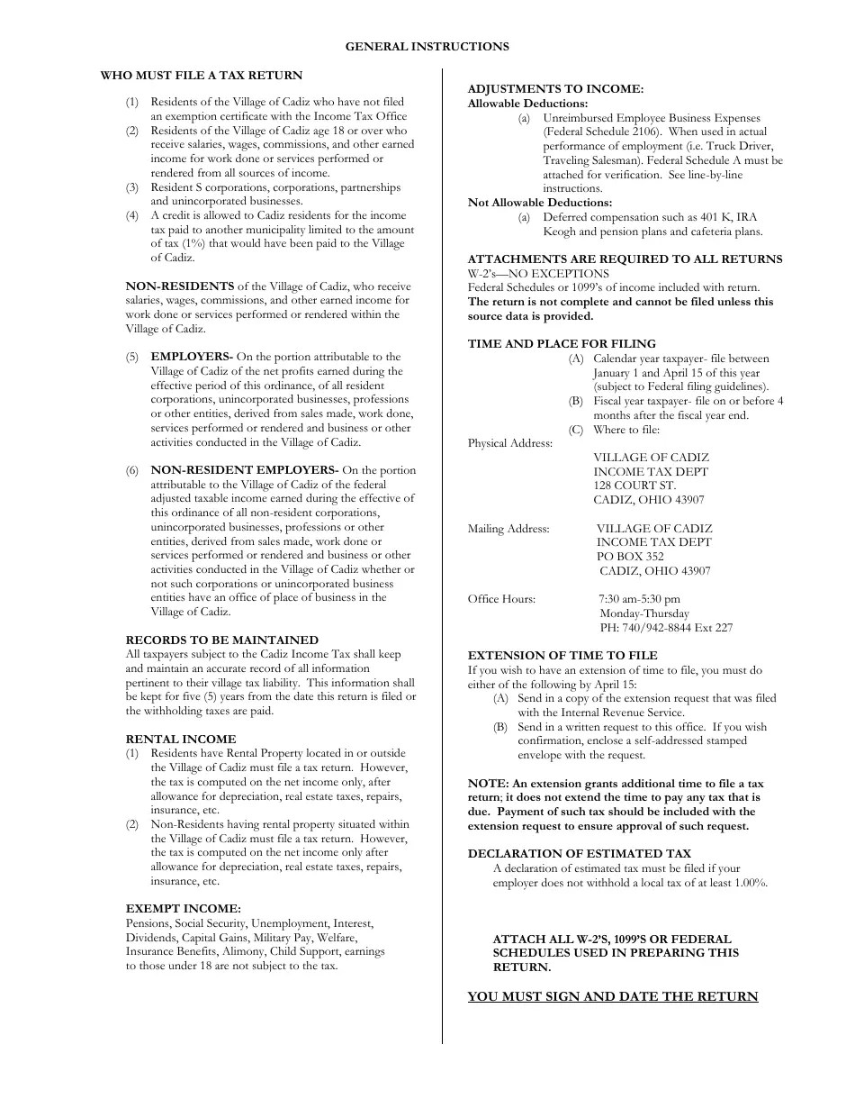Download Instructions for Village of Cadiz Tax Return PDF