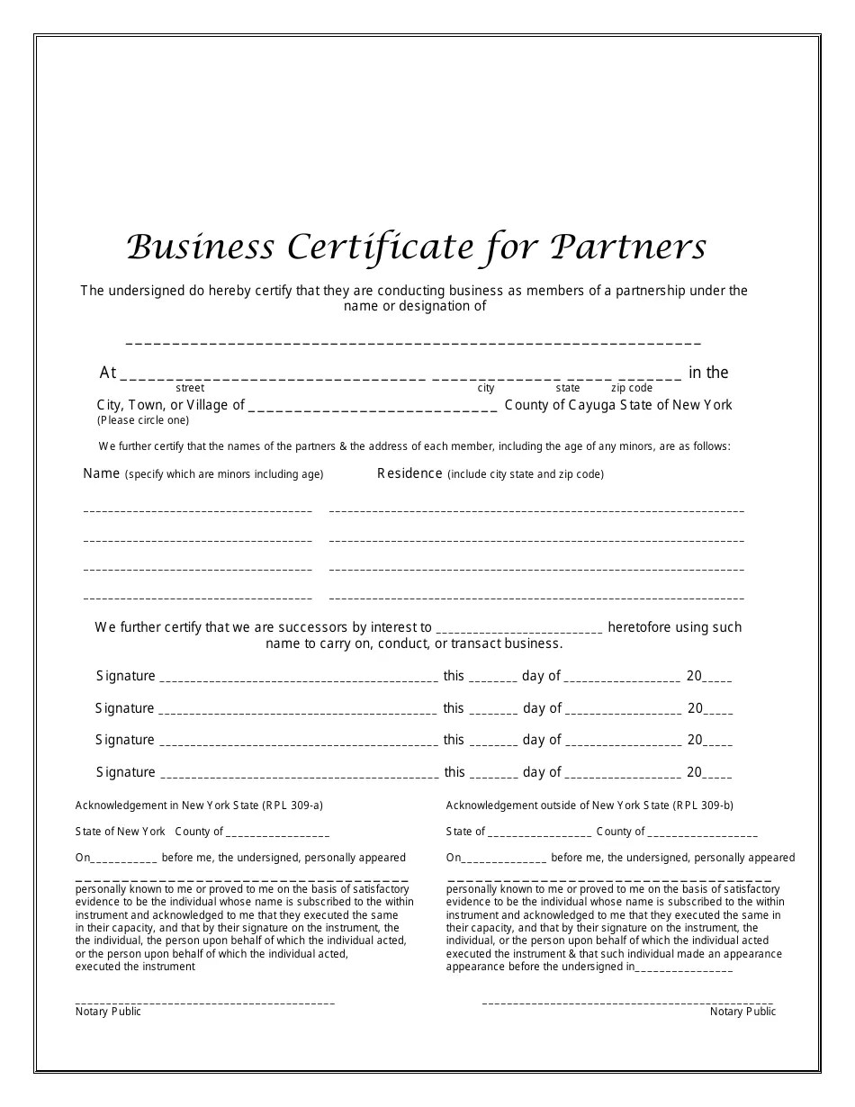 Cayuga County, New York Business Certificate for Partners Fill Out