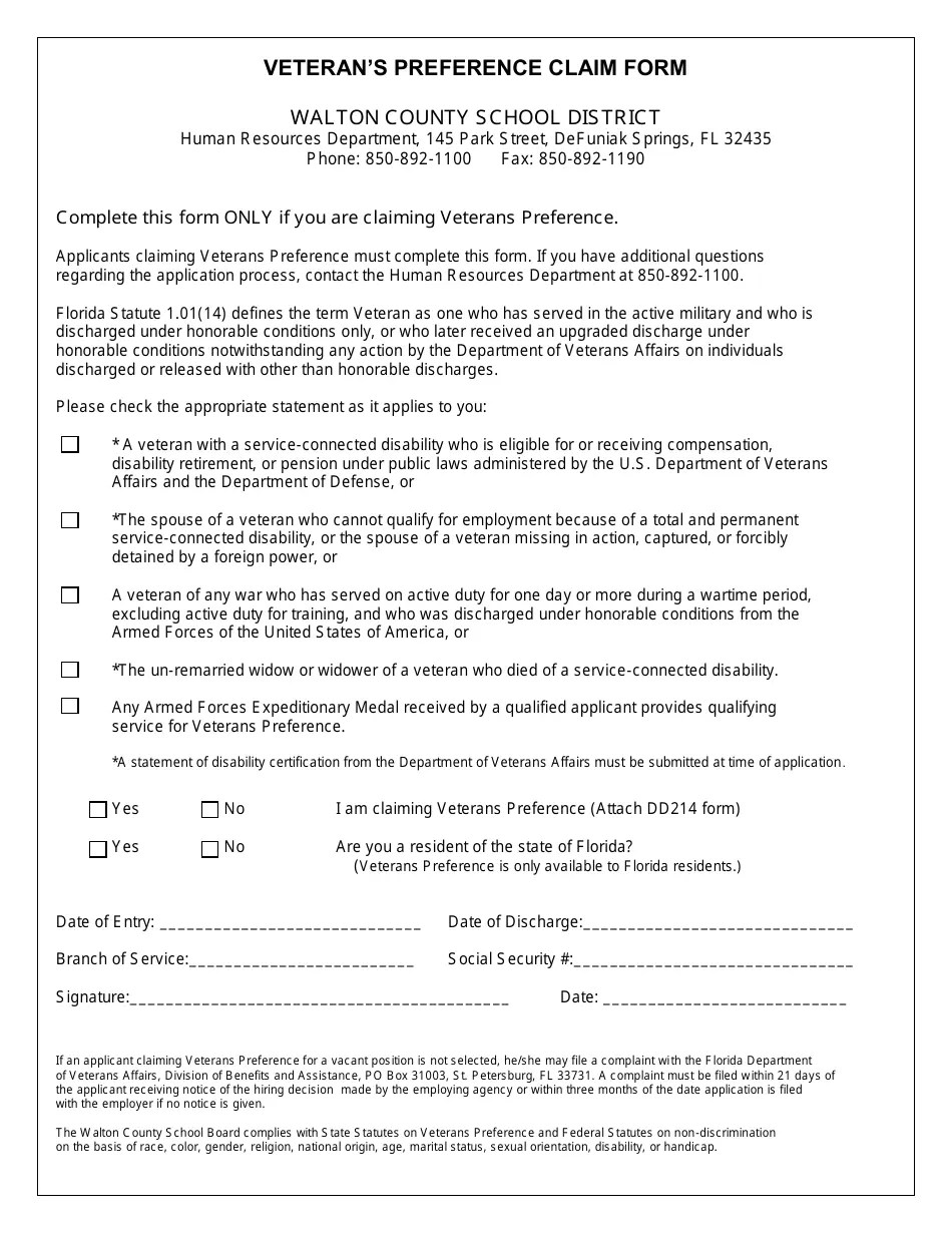 Walton County, Florida Veteran's Preference Claim Form Walton County