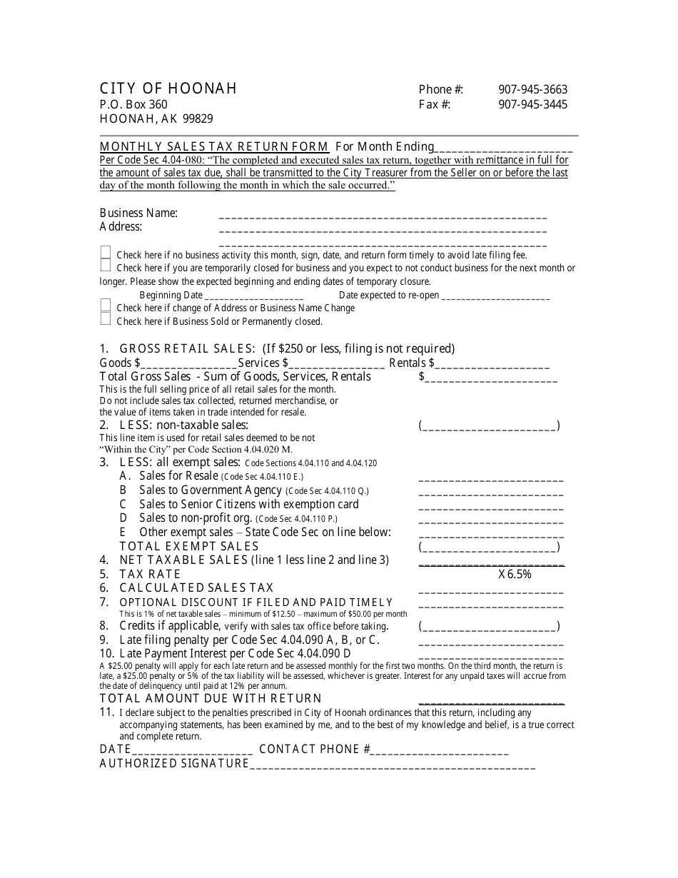 City of Hoonah, Alaska Monthly Sales Tax Return Form Fill Out, Sign