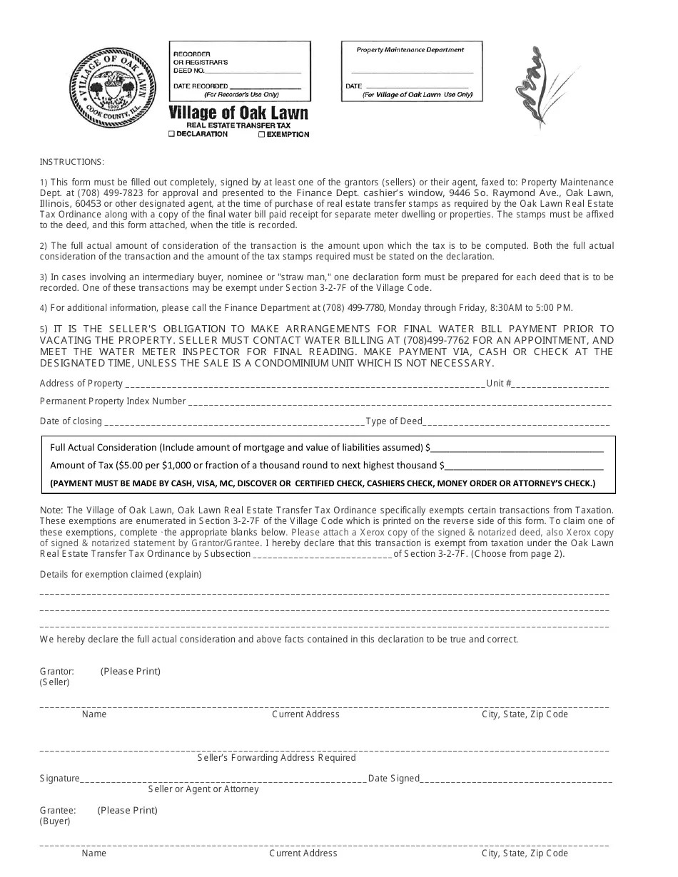 Oak Lawn, Illinois Real Estate Transfer Tax Form Fill Out, Sign