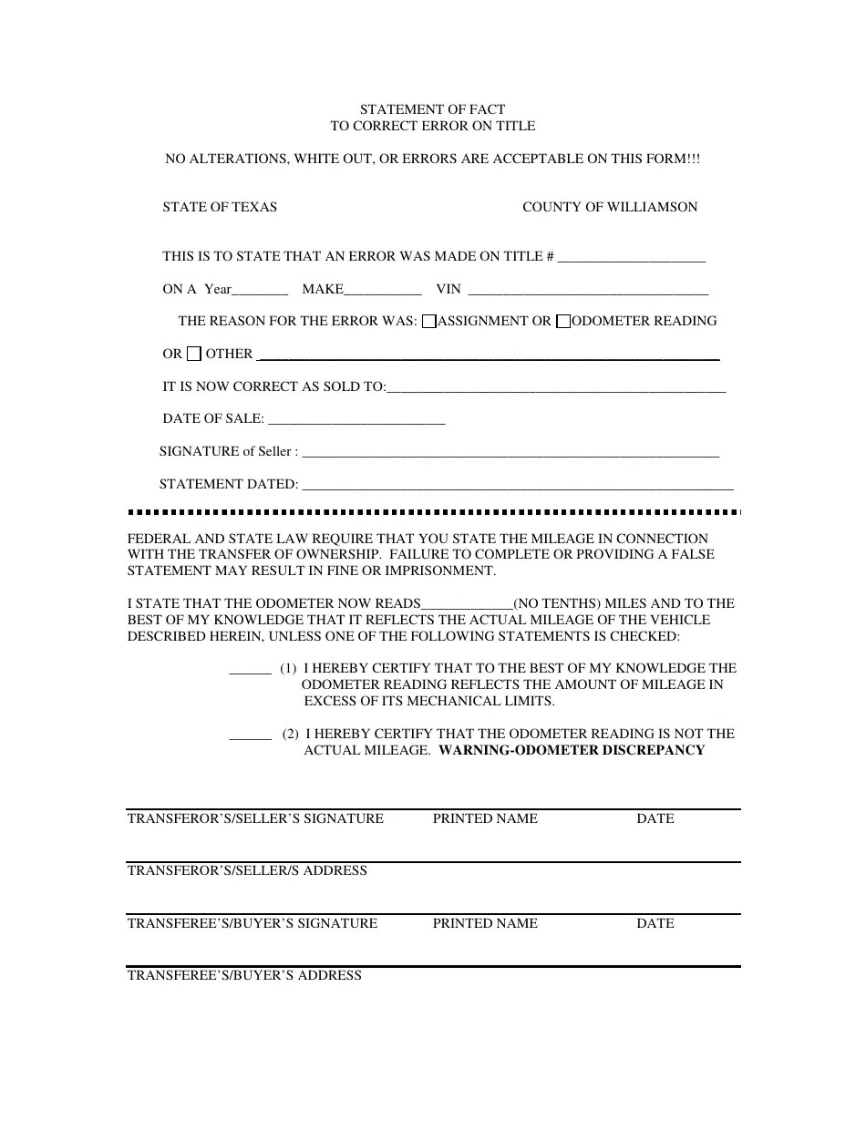 Williamson County, Texas Statement of Fact to Correct Error on Title