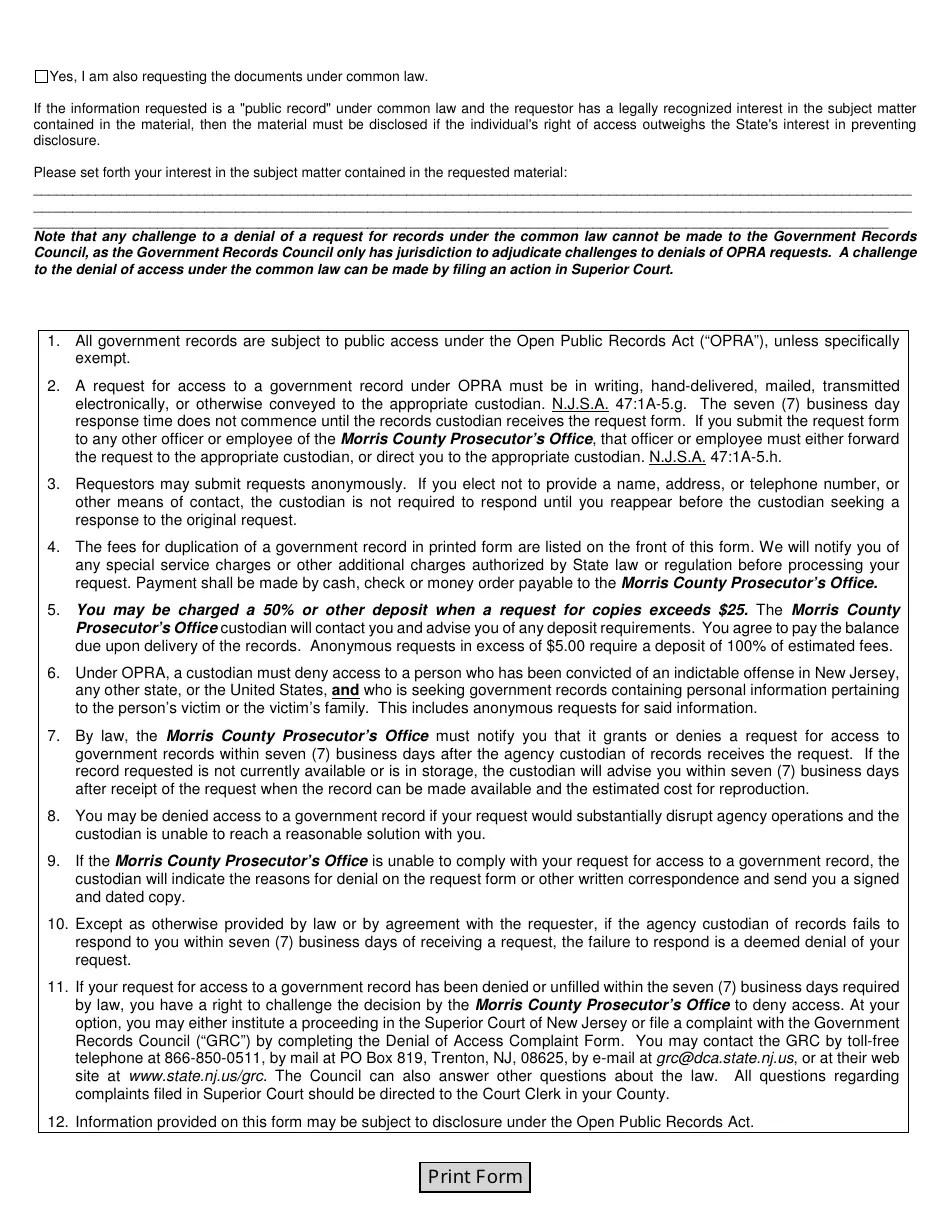 Morris County, New Jersey Open Public Records Act Request Form Fill