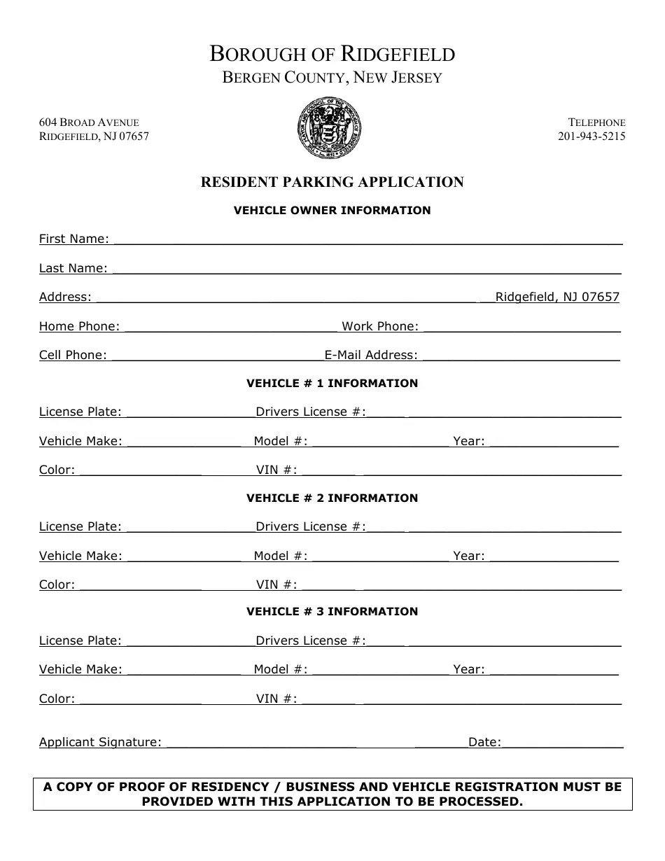 Borough of Ridgefield, New Jersey Resident Parking Application Form