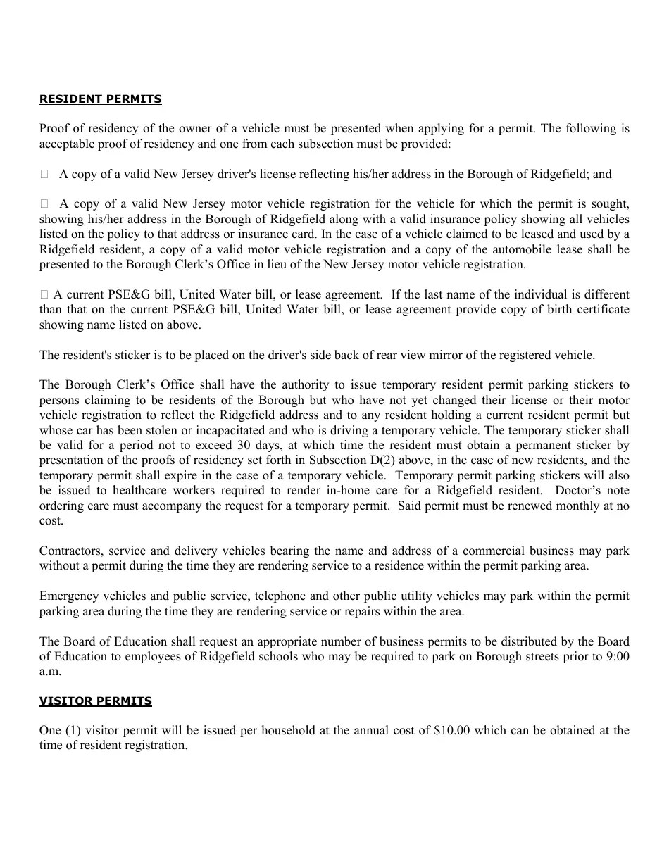 Borough of Ridgefield, New Jersey Resident Parking Application Form