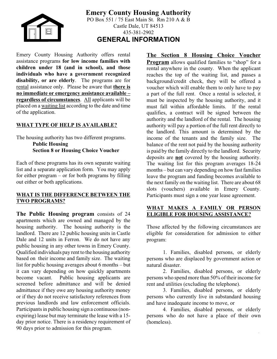 Emery County, Utah Application for Section 8 Fill Out, Sign Online and Download PDF