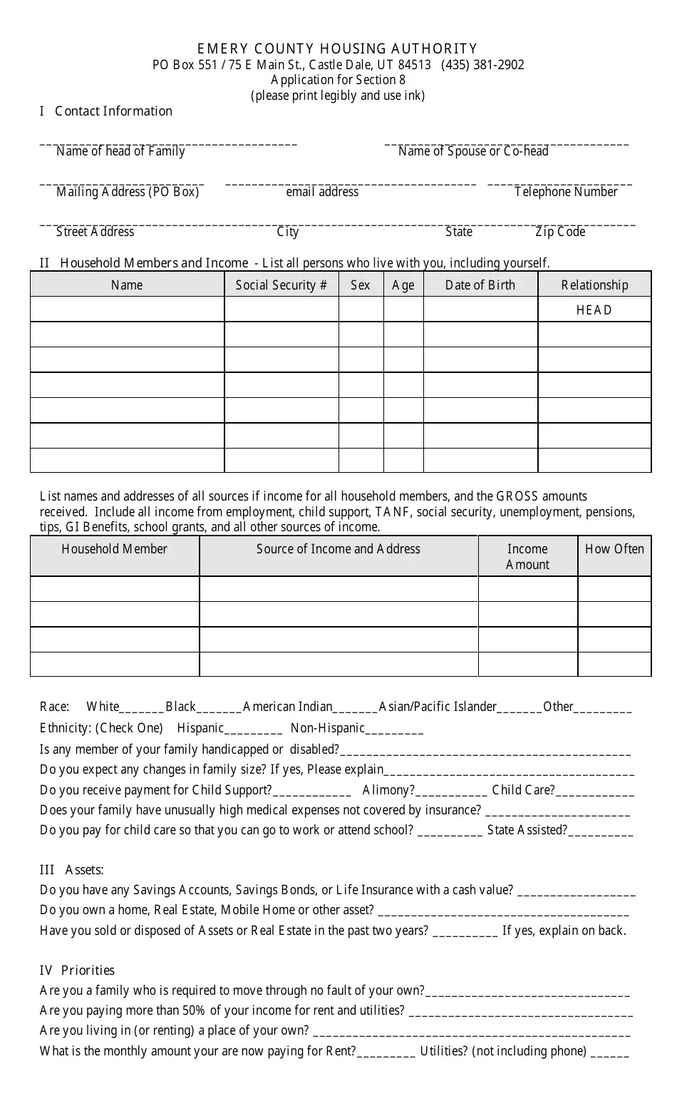 Emery County, Utah Application for Section 8 Fill Out, Sign Online and Download PDF