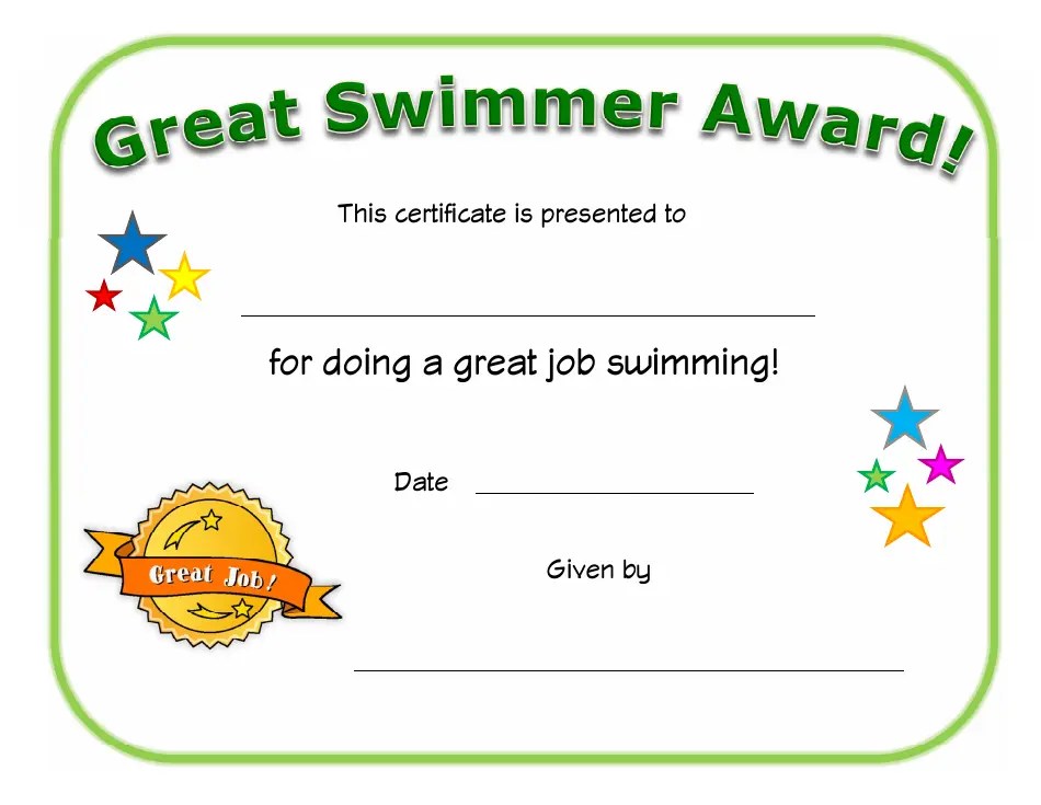 Great Swimmer Award Certificate Template Download Printable PDF