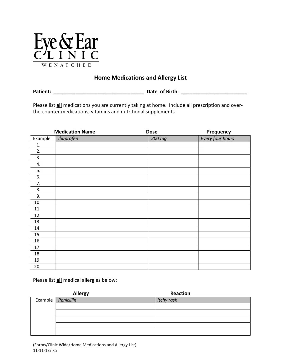 Home Medications and Allergy List Eye&ear Clinic Wenatchee Download