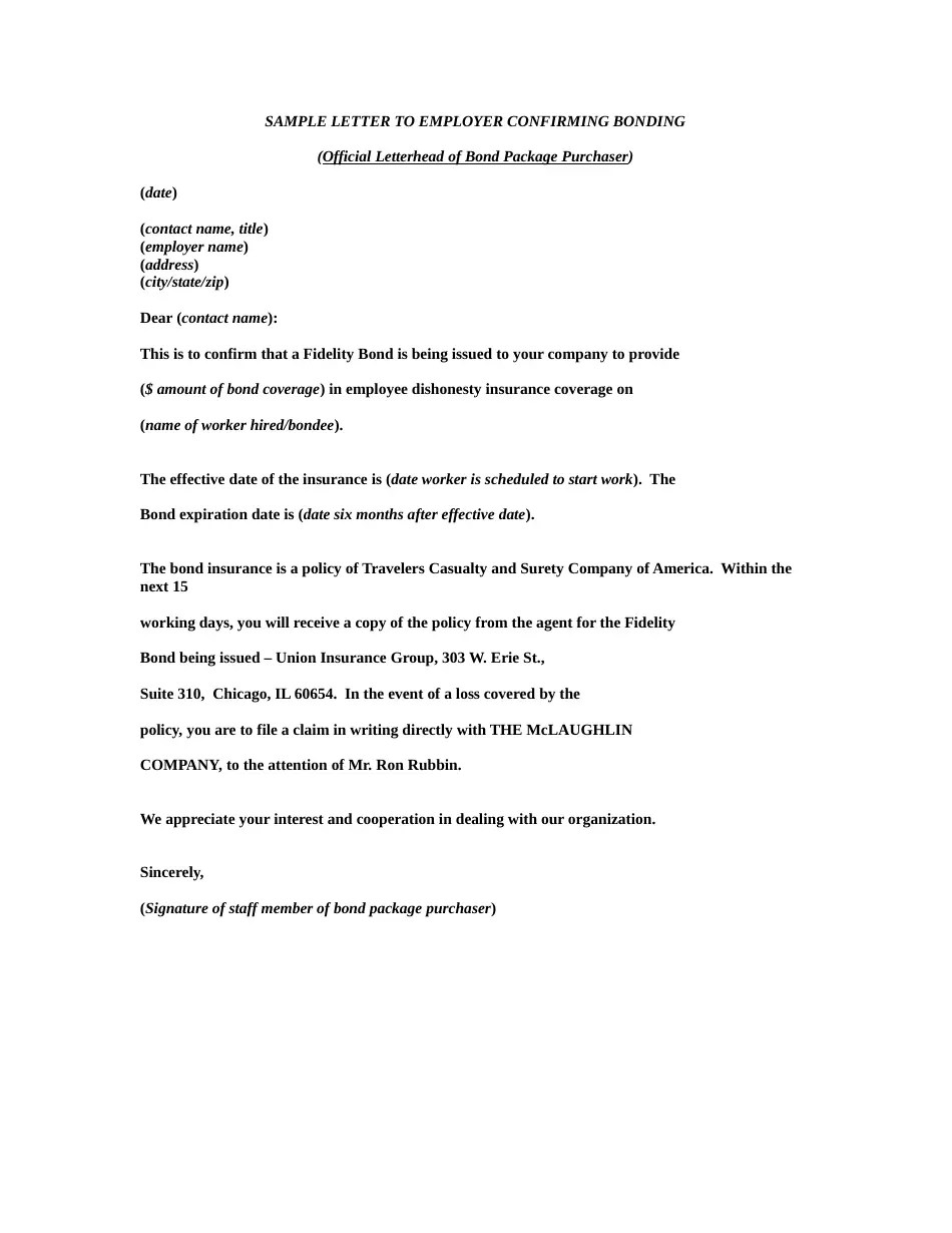 Sample Letter to Employer Confirming Bonding Fidelity Bond Download