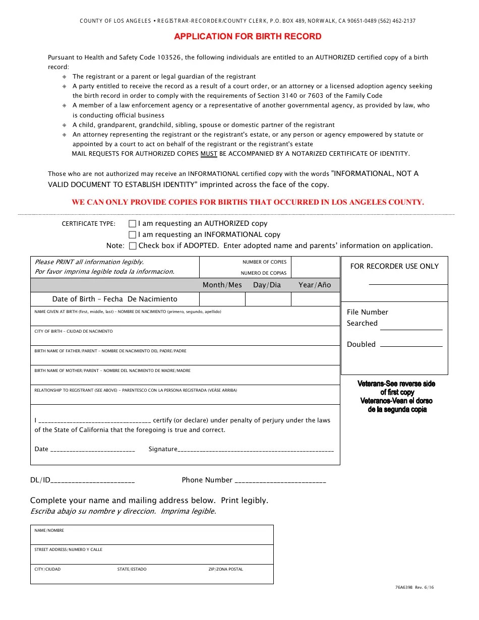Norwalk, California Birth Record Application Form Fill Out, Sign
