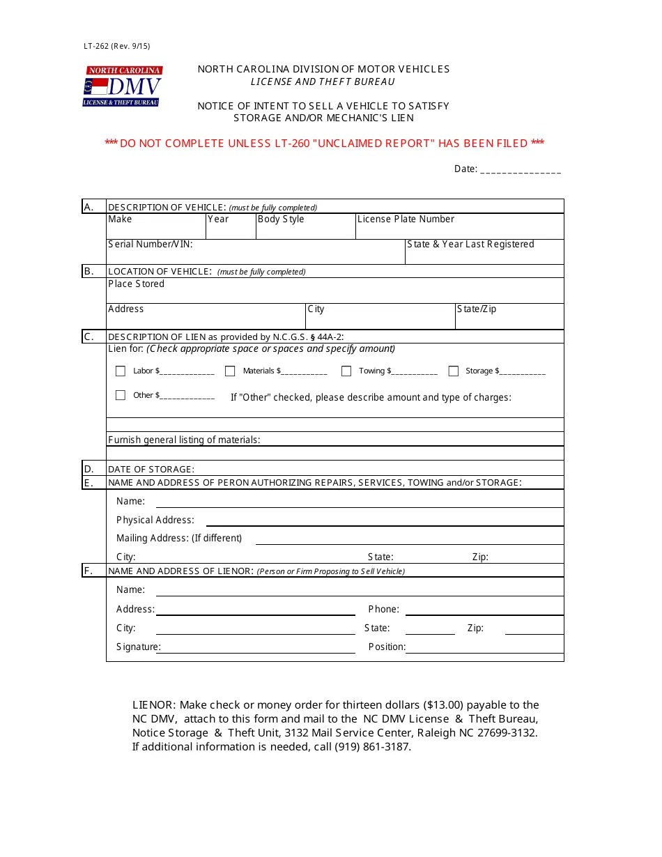 Form LT262 Fill Out, Sign Online and Download Printable PDF, North