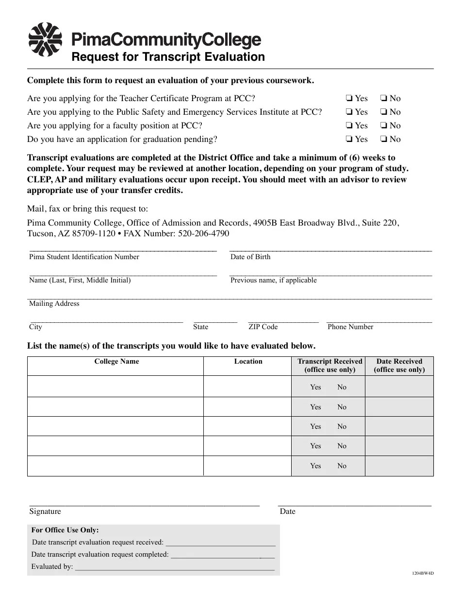 Transcript Evaluation Request Form Pima Community College Fill Out
