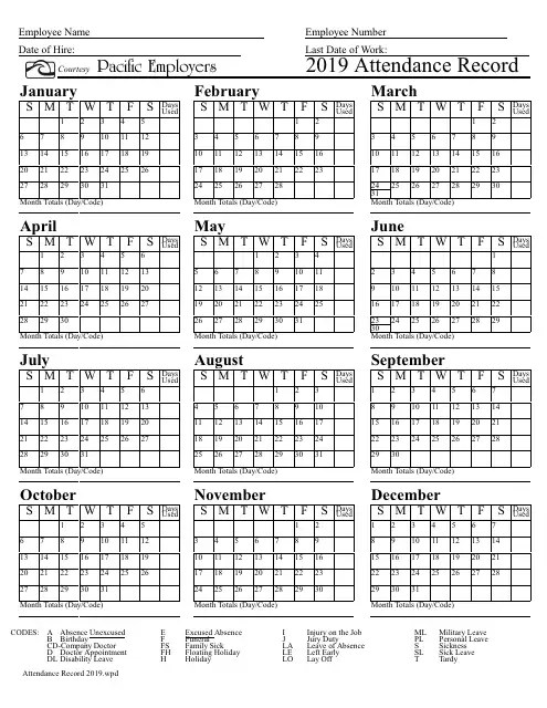 2019 Attendance Record Calendar Template Pacific Employers Download