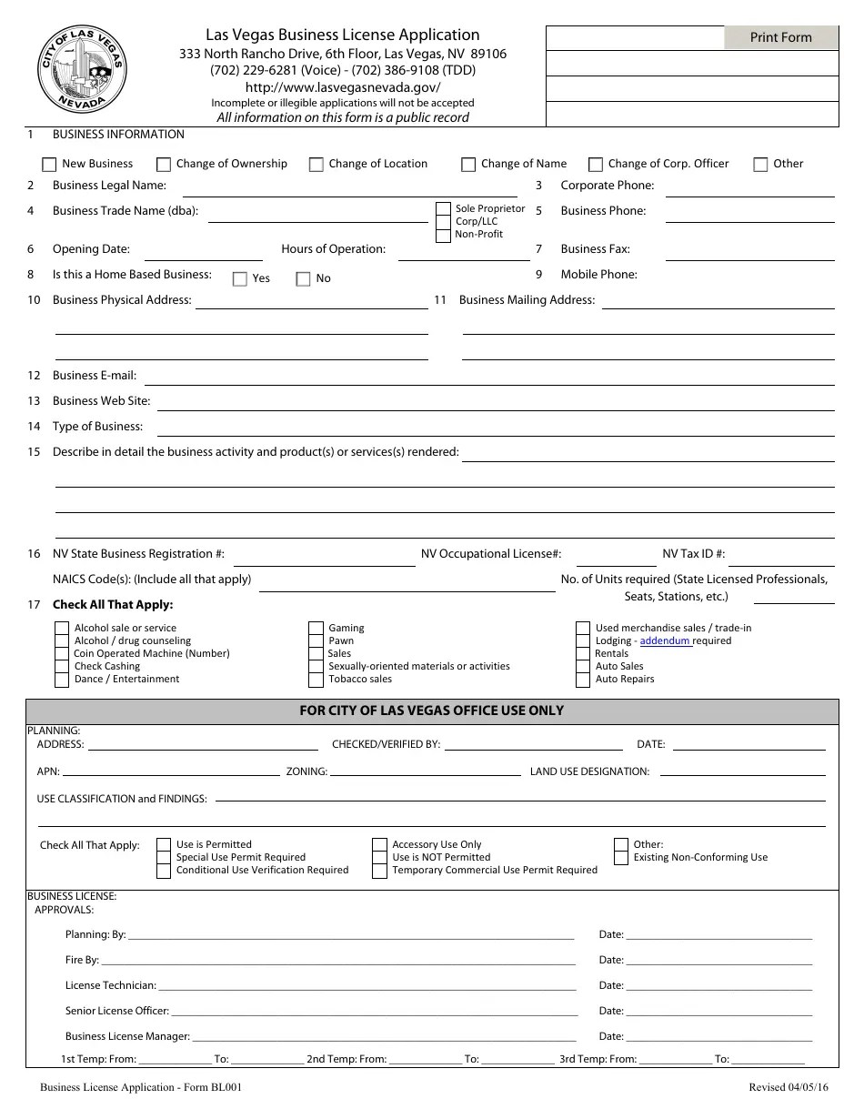 Form BL001 Fill Out, Sign Online and Download Fillable PDF, City of