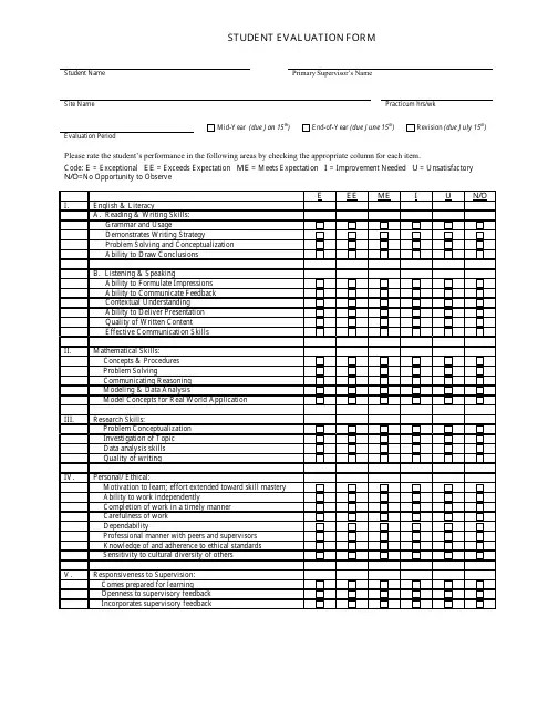 Student Evaluation Form Download Printable PDF Templateroller