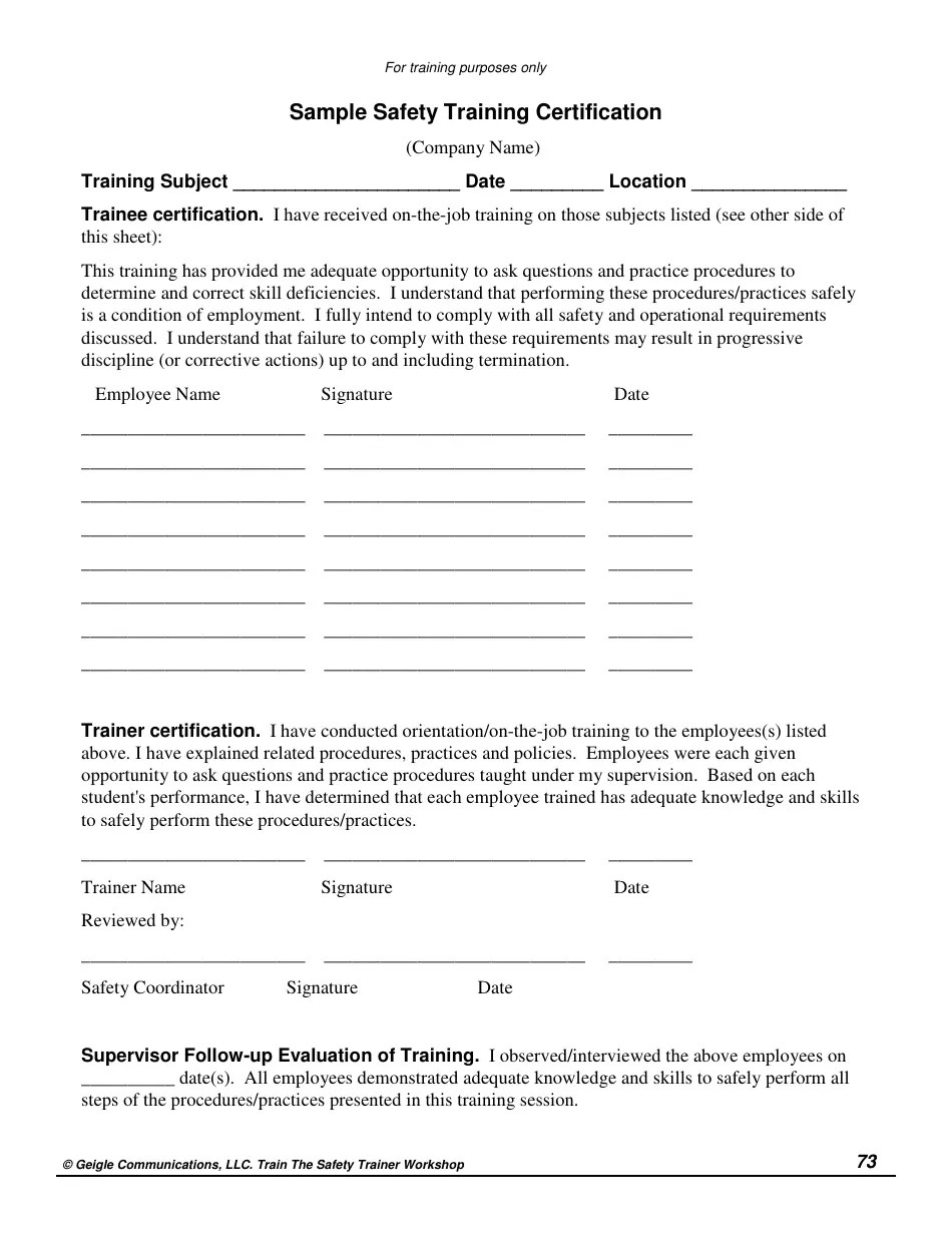Safety Training Certification Template Geigle Communications Download