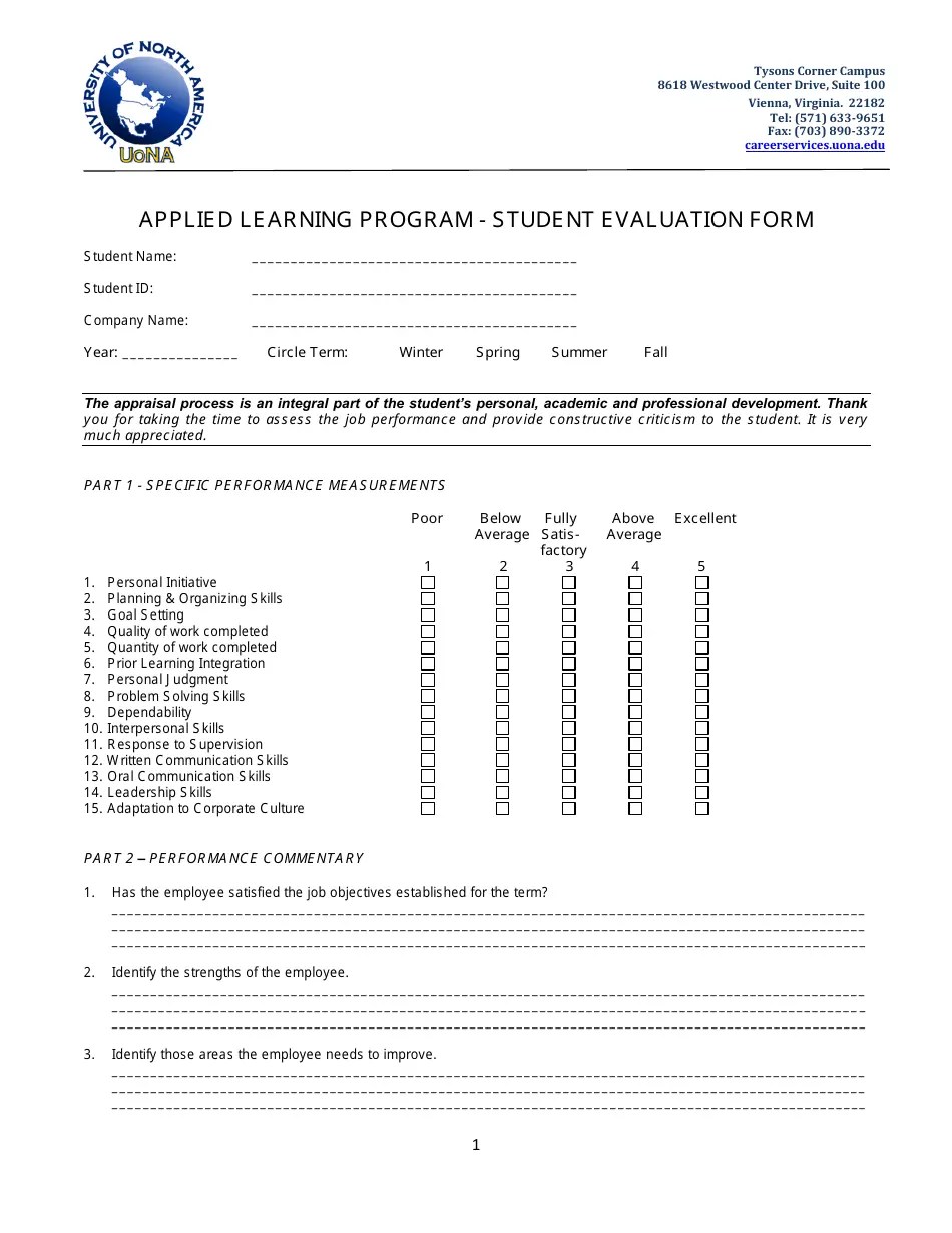 Applied Learning Program Student Evaluation Form University of