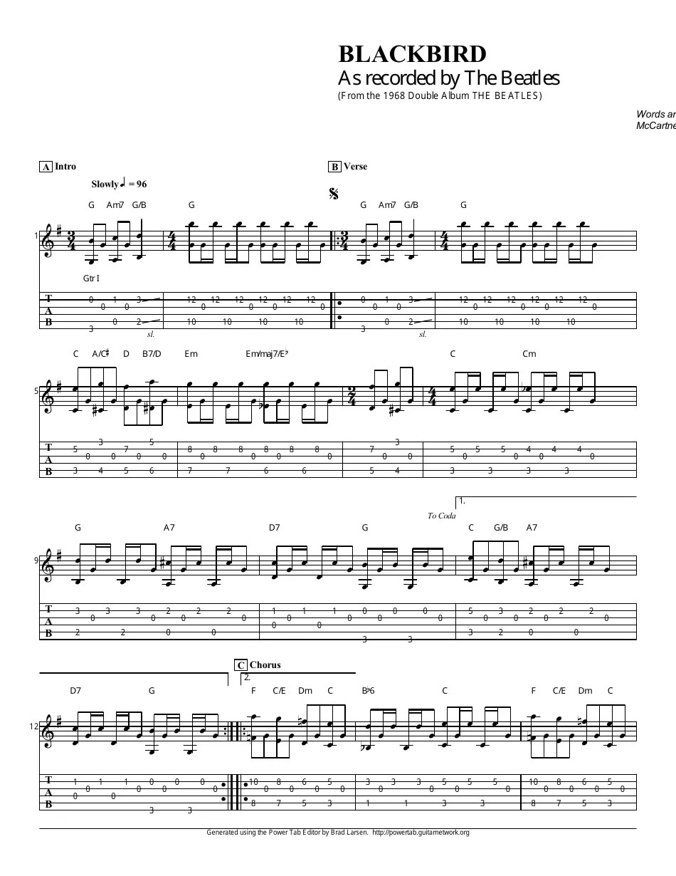 The Beatles Blackbird Guitar Sheet Music Download Printable PDF