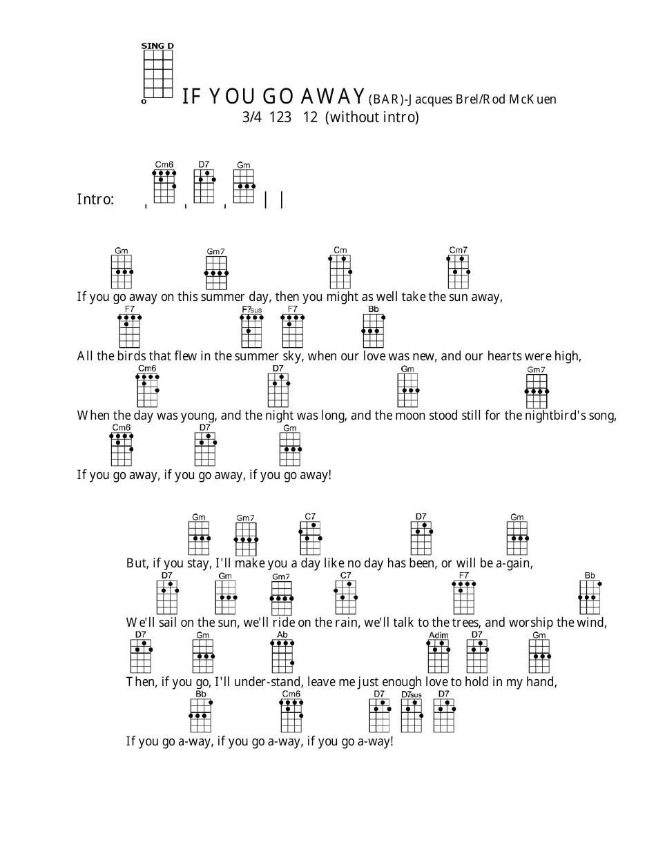Jacques Brel/Rod Mckuen if You Go Away Ukulele Chord Chart Download Printable PDF Templateroller