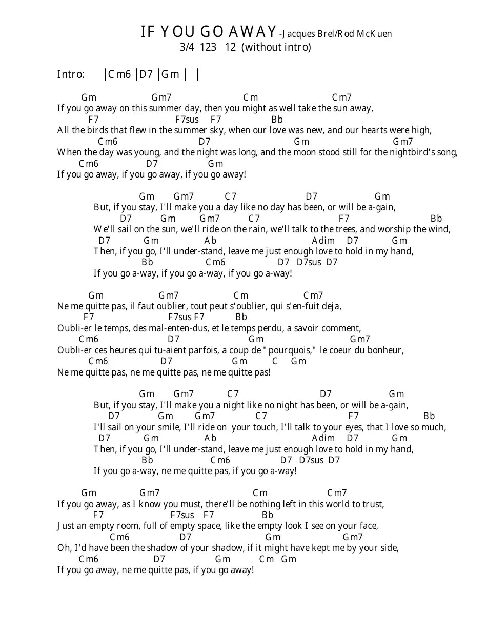 Jacques Brel/Rod Mckuen if You Go Away Ukulele Chord Chart Download Printable PDF Templateroller