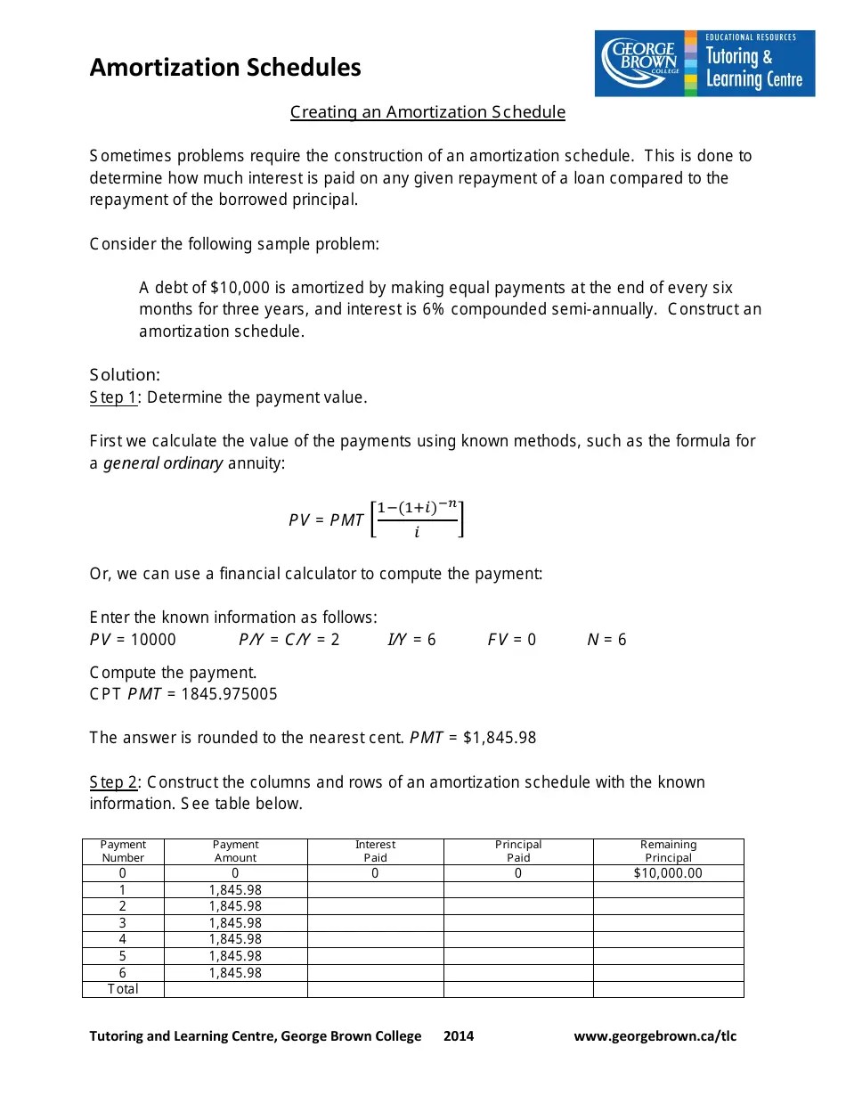 Creating an Amortization Schedule Worksheet With Answers Tutoring and Learning Centre,