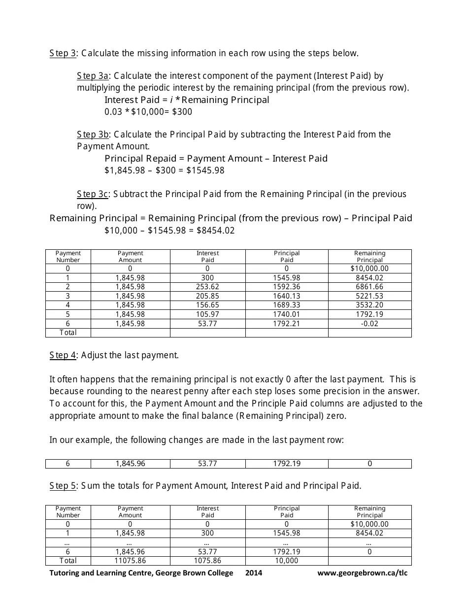 Creating an Amortization Schedule Worksheet With Answers Tutoring and Learning Centre,