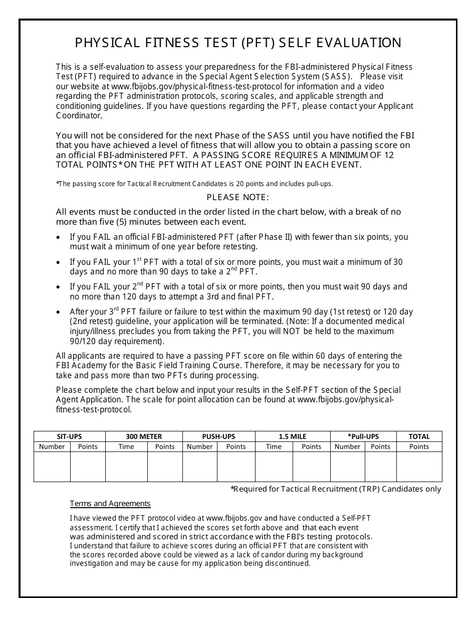 Physical Fitness Test (Pft) Self Evaluation Form Fill Out, Sign