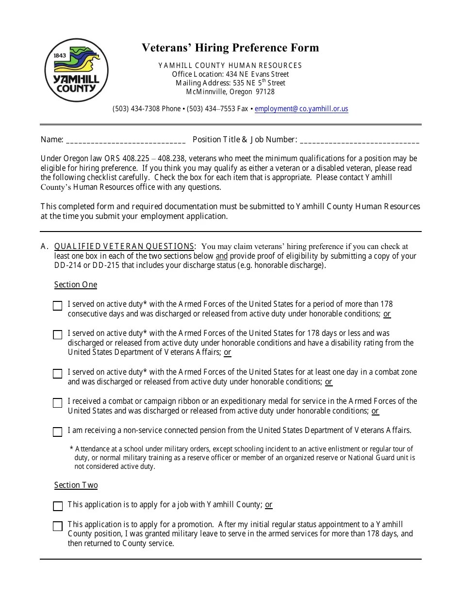 Yamhill County, Oregon Veterans' Hiring Preference Form Fill Out