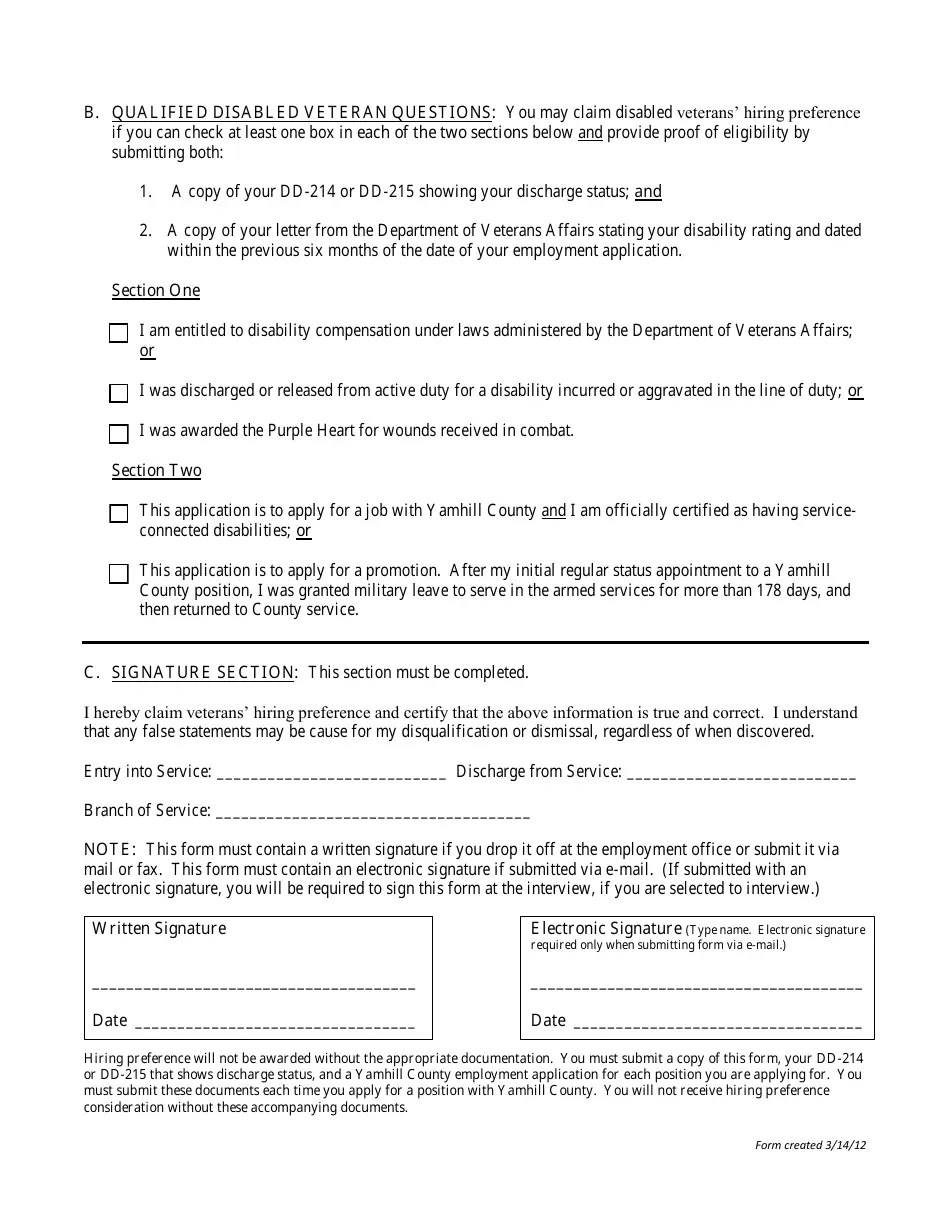 Yamhill County, Oregon Veterans' Hiring Preference Form Fill Out