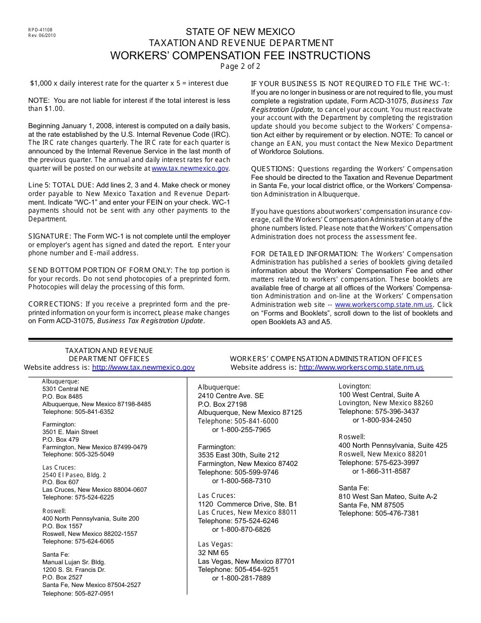 Download Instructions for Form RPD41108, WC1 New Mexico Workers