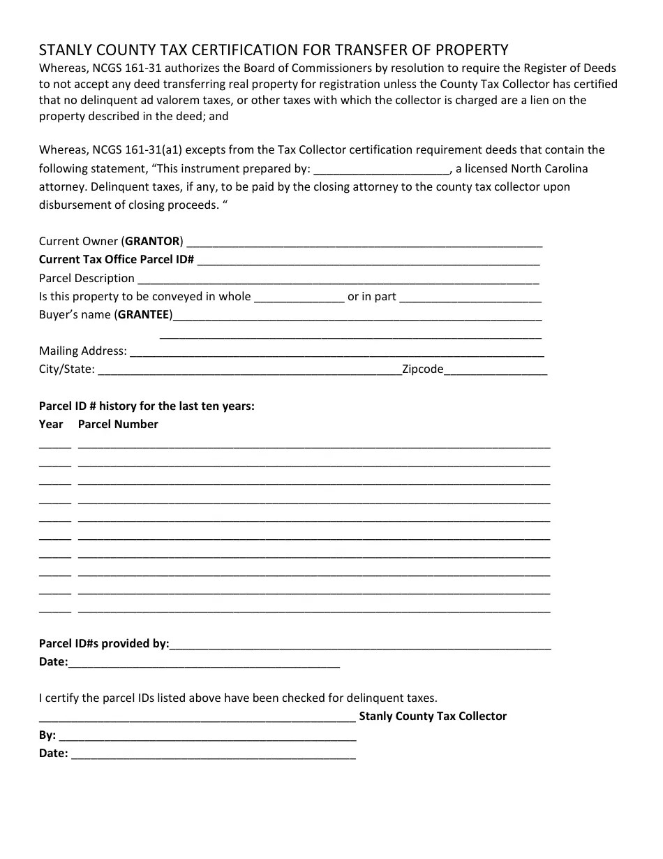 Stanly County, North Carolina Tax Certification for Transfer of