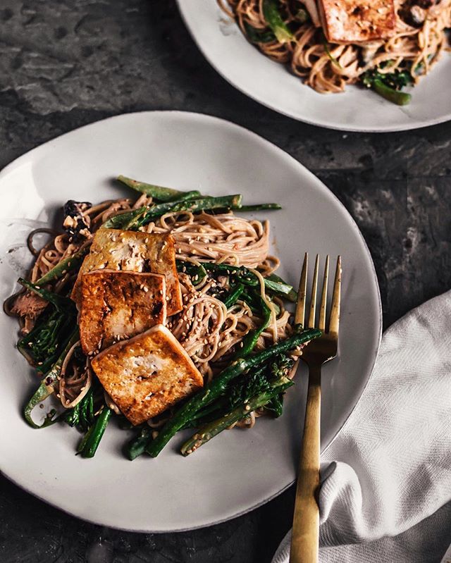 Ginger Sesame Soba Noodles with Tofu, Broccolini & Mushrooms Recipe