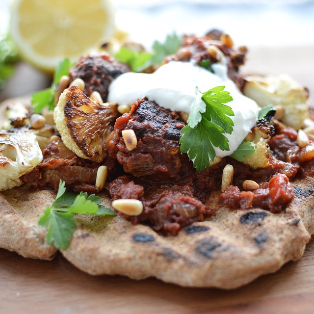 Greekstyle Flatbread Lamb Meatballs In Spicy Tomato Sauce With Greek