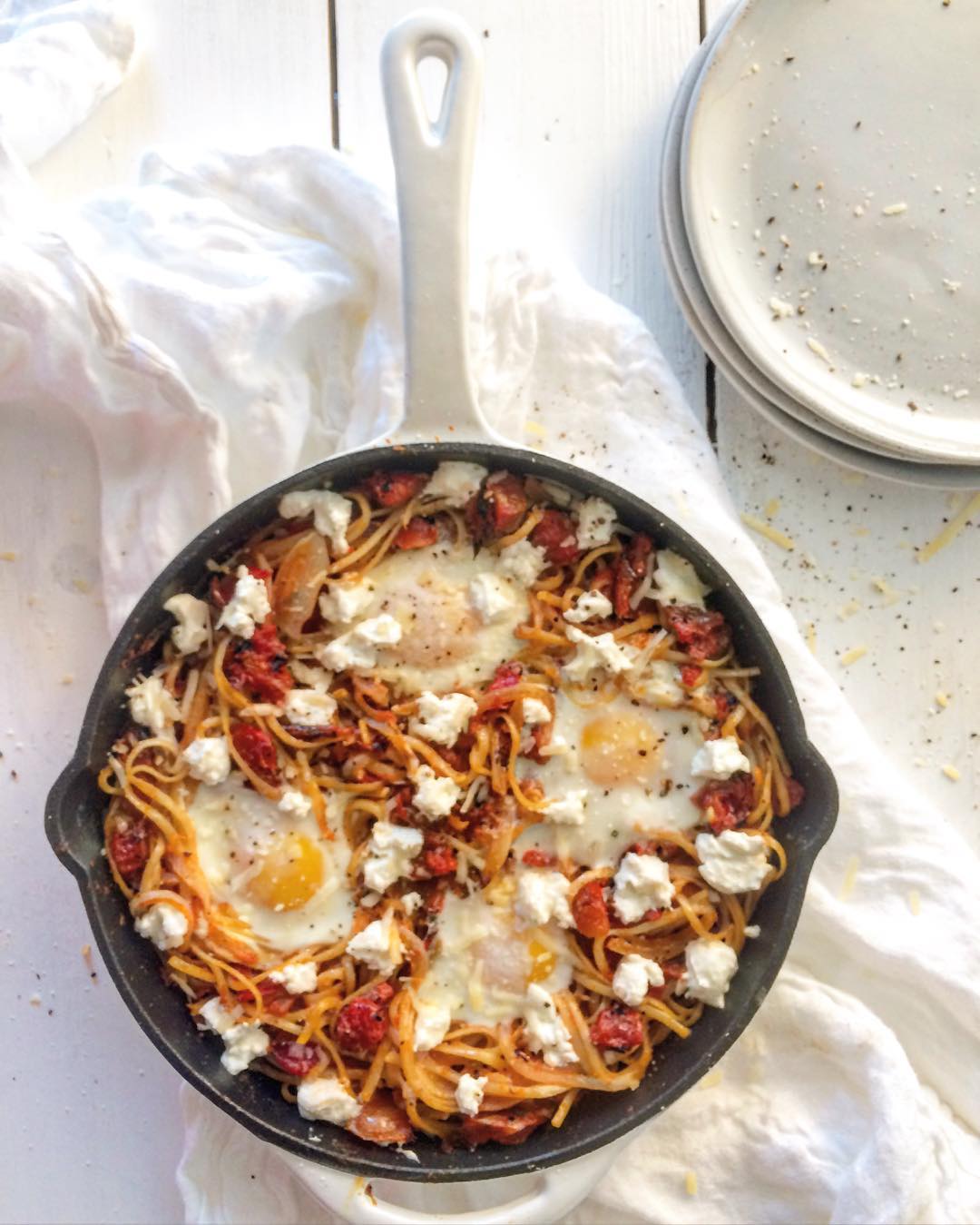 Skillet Spaghetti And Eggs With Fire Roasted Tomato Butter Sauce by Quick & Easy