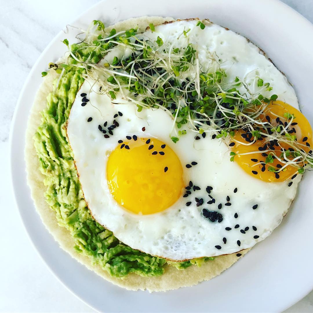 Smashed Avocado, Fried Egg And Broccoli Sprout Breakfast Tostada Recipe