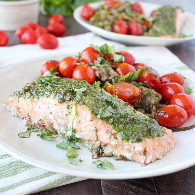 Pesto Baked Salmon Foil Dinner With Zucchini Noodles & Balsamic Basil