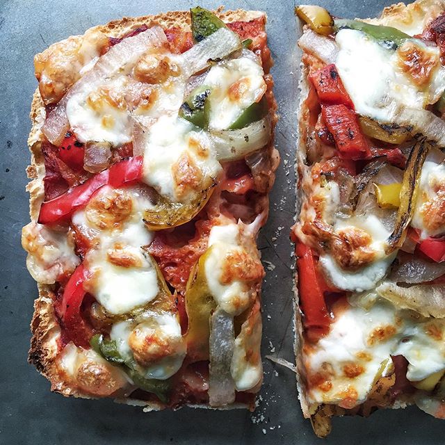 Ciabatta Bread Pizza With Roasted Red Peppers, Onions And Mozzarella
