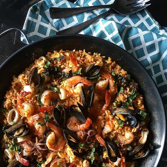Seafood Paella With Saffron Rice And Red Mustard Greens Recipe The