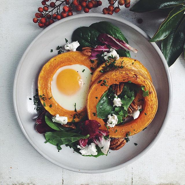 Egg In A Hole Of Butternut Squash Rounds With Greens, Feta, And Pecans Recipe The Feedfeed